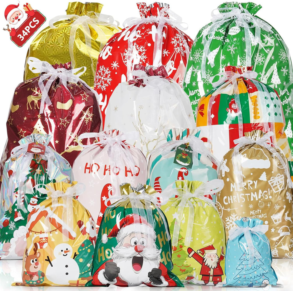 Koncci 34Pcs Christmas Gift Bags, Assorted Sizes Extra Large Medium Small