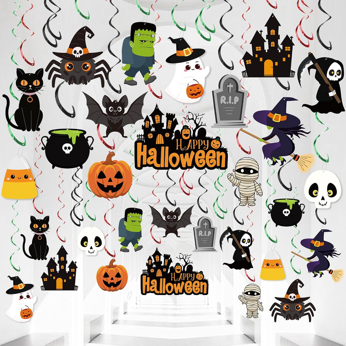 36 PCS Halloween Pre-Strung Hanging Swirl Decor Halloween Ceiling Hanging Swirls Cute Ghost Pumpkin Spider Witch Themed Ceiling Streamer for Office Home Indoor Outdoor Decoration Kids Party Supplies