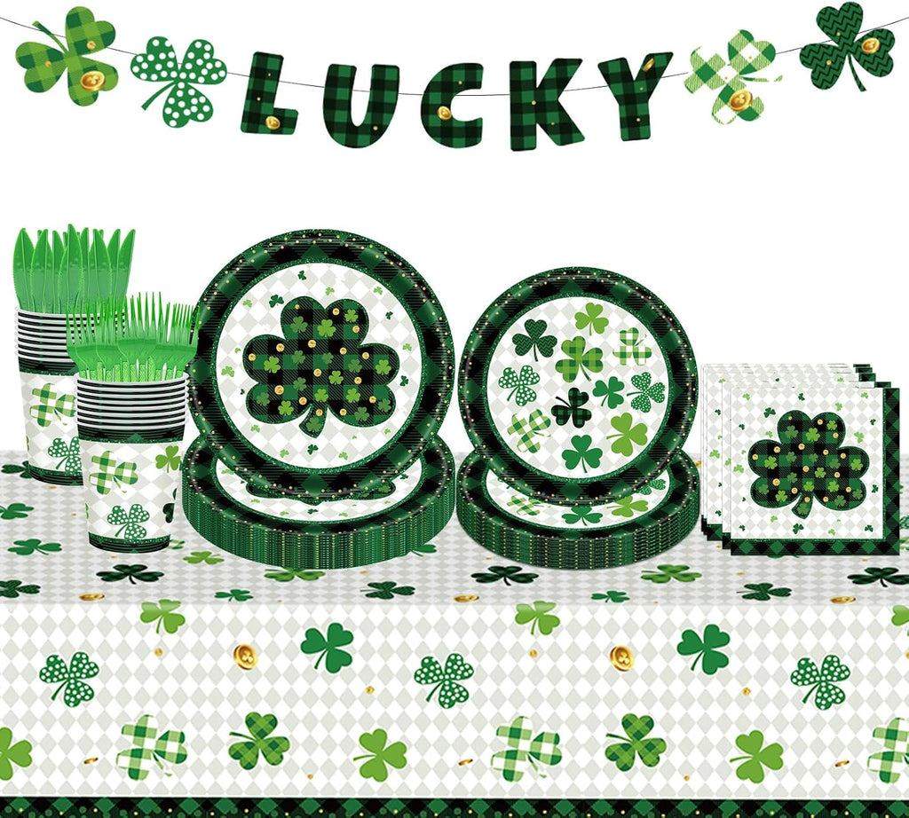 98PCS St Patrick's Day Party Supplies Green Irish Shamrock Tableware Set Lucky Shamrock Birthday Party Supplies St Patrick's Day Party Decorations Irish Shamrock Paper Plates and Napkins for 16 Guests