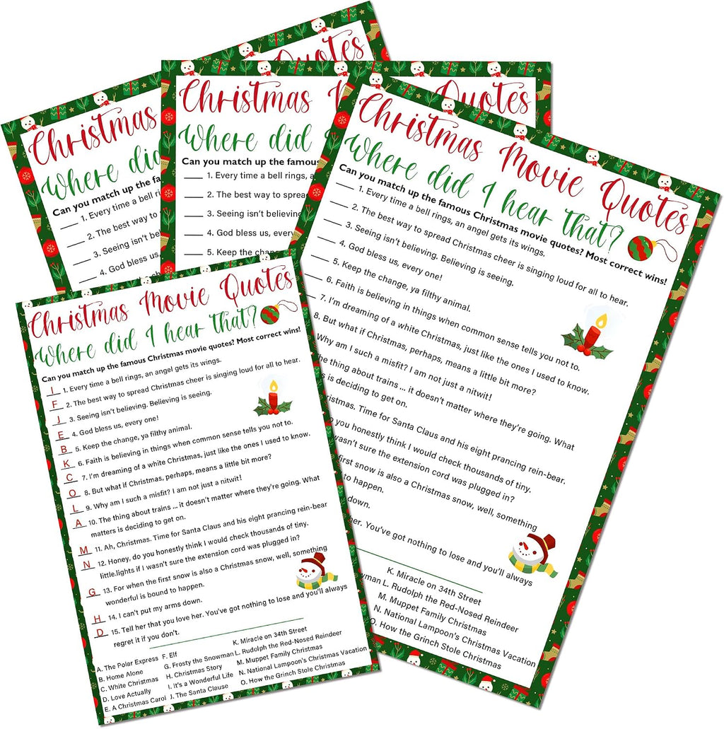 Christmas Movie Quotes Game Card - 20 Game Cards with 1 Answer Card -Film Theme Xmas Party Funny Activity for Family, Adults & Teen - Holiday Christmas Party Supplies & Decoration(Snowman)-A05