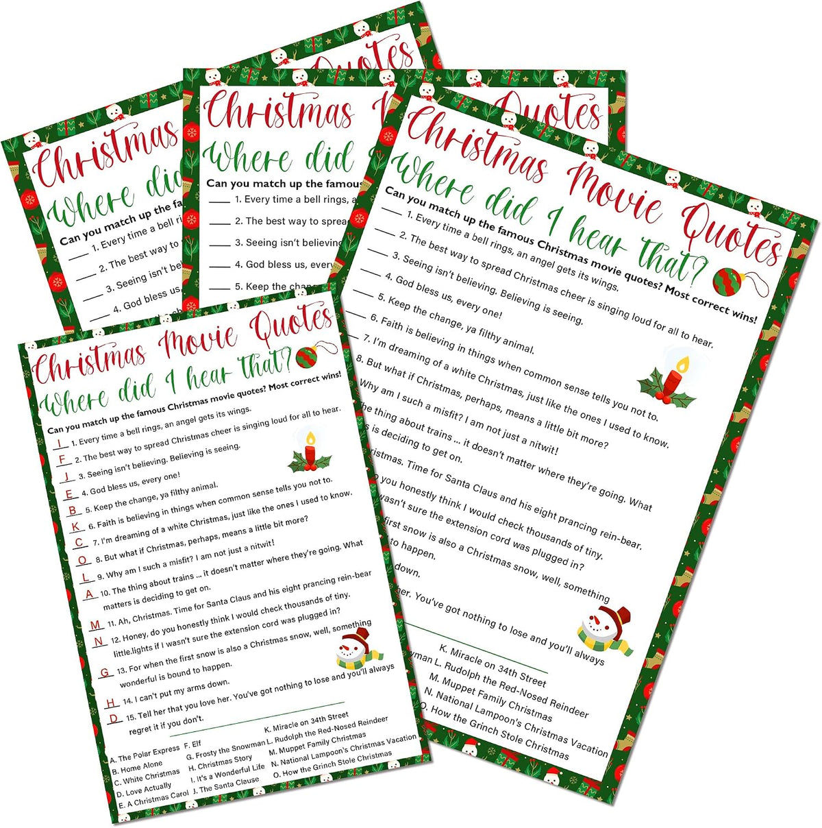 Christmas Movie Quotes Game Card - 20 Game Cards with 1 Answer Card -Film Theme Xmas Party Funny Activity for Family, Adults & Teen - Holiday Christmas Party Supplies & Decoration(Snowman)-A05