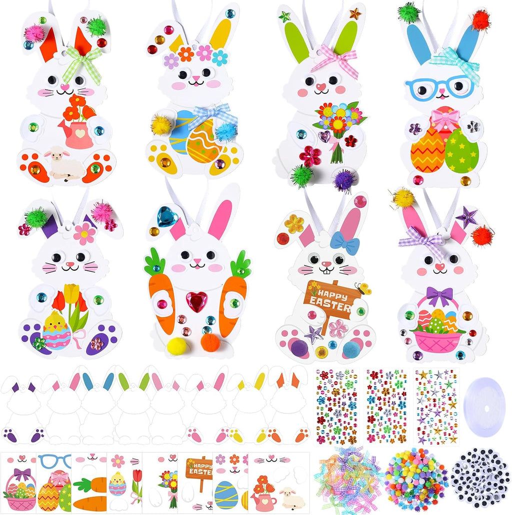 Funrous 48 Sets Crafts Kit Paper Crafts DIY Make Your Own Hanging Ornaments with Pompoms Diamond Stickers for Holiday Classroom Activities Party Favors, Easter Bunny