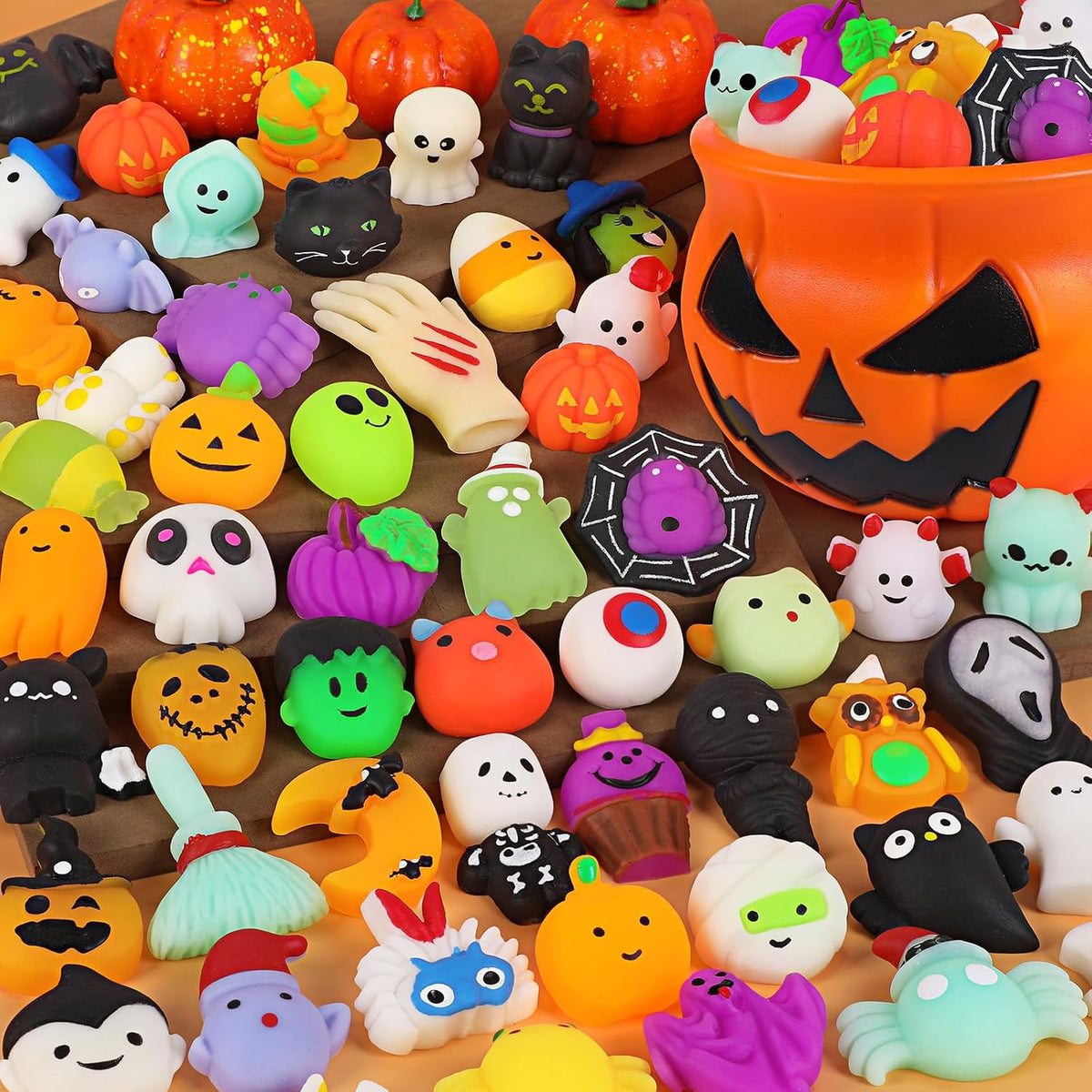 OCATO 50Pcs Halloween Mochi Squishy Toys with Pumpkin Bucket for Kids