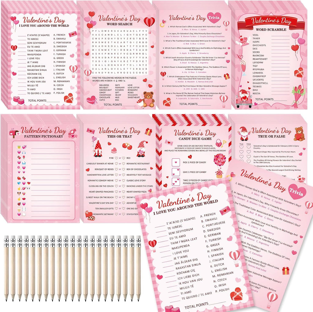 gisgfim 231Pcs Valentine’s Day Party Games Cards Valentines Gnome Bear Trivia Word Search Scramble Maze Games Sweet Party Gifts Supplies for School Classroom Family Activities Holiday Birthday Favor