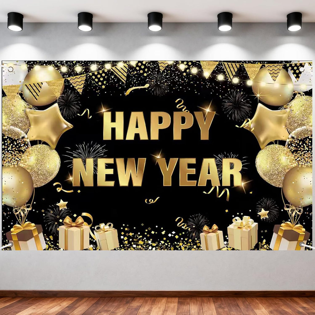 2026 Happy New Year Banner Backdrop Fabric Black Gold Design for Photo Booth Background New Years Eve Party Decorations 71 x 43 inch