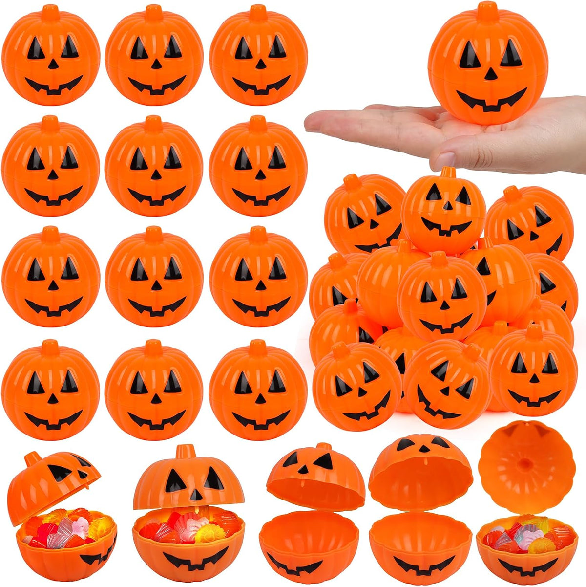 FOIMAS Halloween Pumpkin Candy Box, 48pcs Mini Plastic Pumpkin Containers Fillable Candy Treat Storage Box for Trick or Treat Halloween Party Decoration Storing Packaging Snacks Crafts Accessories