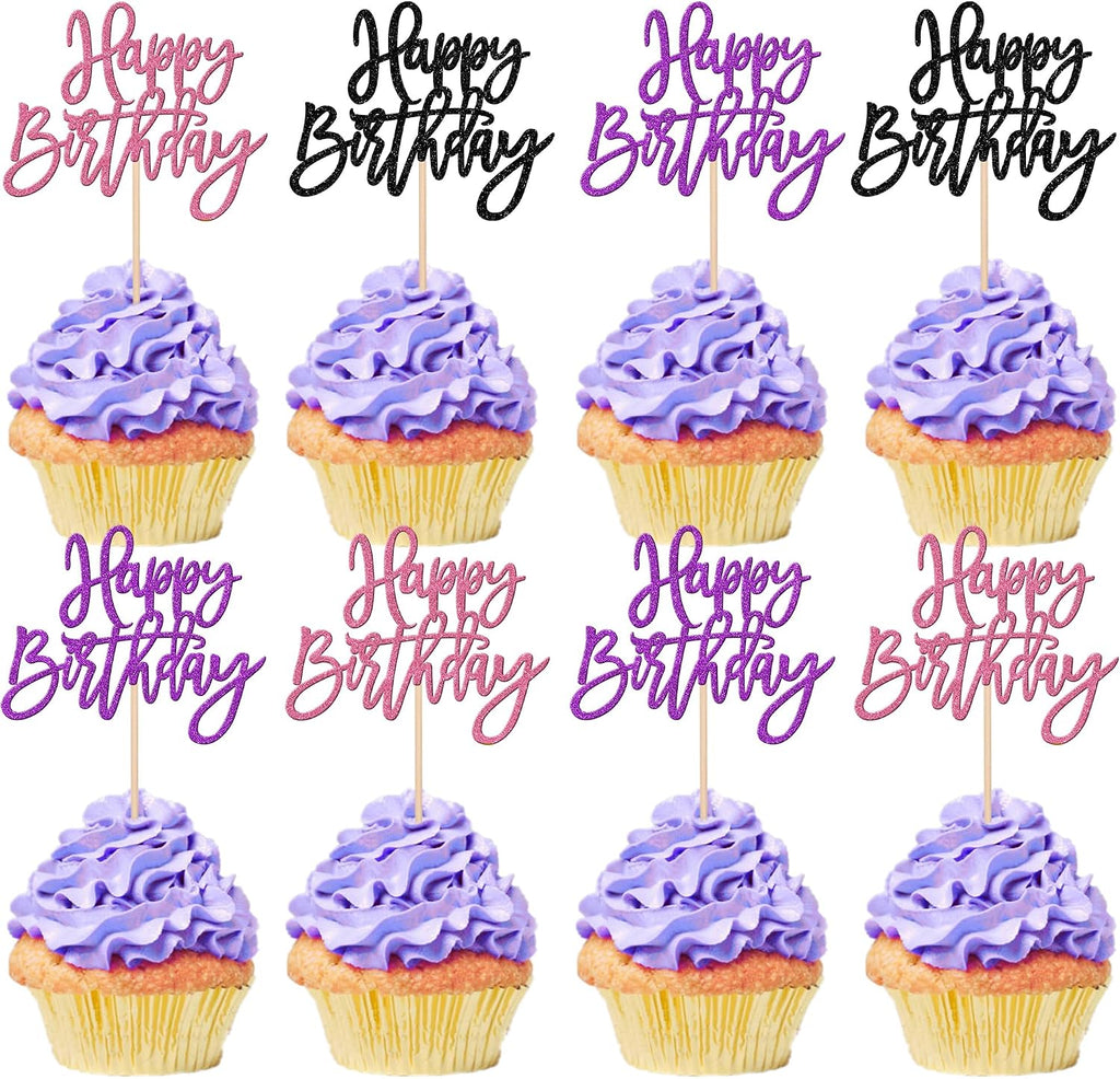 24 PCS Happy Birthday Cupcake Toppers Glitter Happy Birthday Cupcake Picks for Celebrating Anniversary Theme Party Cake Decorations Supplies Black Purple Pink