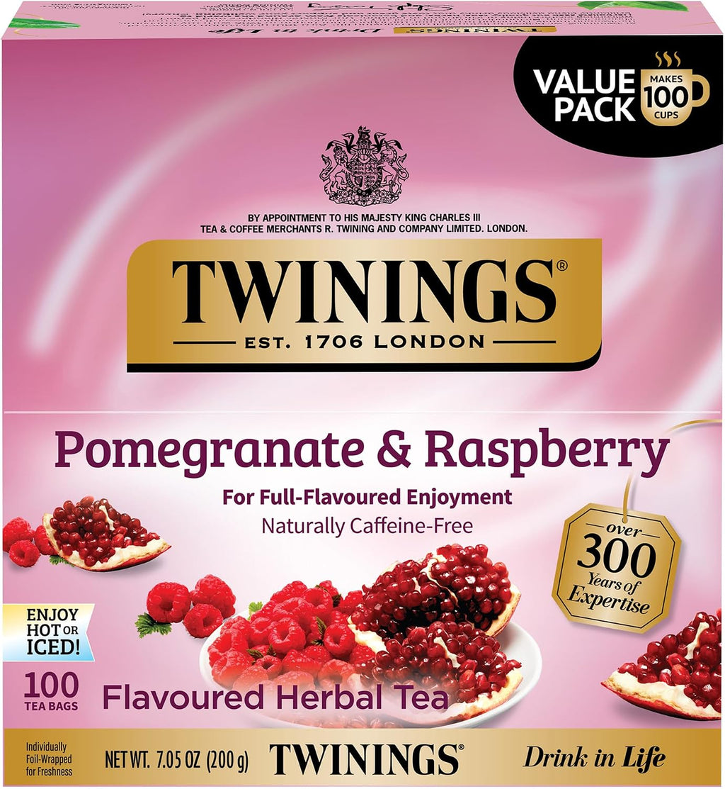 Twinings Pomegranate & Raspberry Herbal Tea Individually Wrapped Bags, 100 Count (Pack of 1), Naturally Caffeine-Free, Enjoy Hot or Iced, 100 Teabags