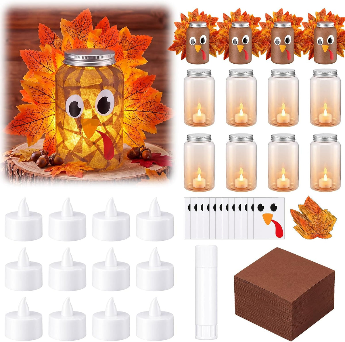 Qinyoung 12 Pcs Thanksgiving Turkey Craft Mason Jars Tissue Paper Craft