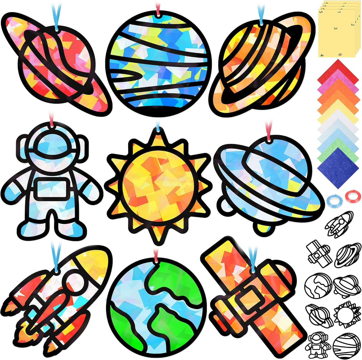 Renbuzhu 48PCS Solar System Space Paper Suncatchers DIY Project Kits, Back to School Window Stained Glass Effect Art Supplies for Party