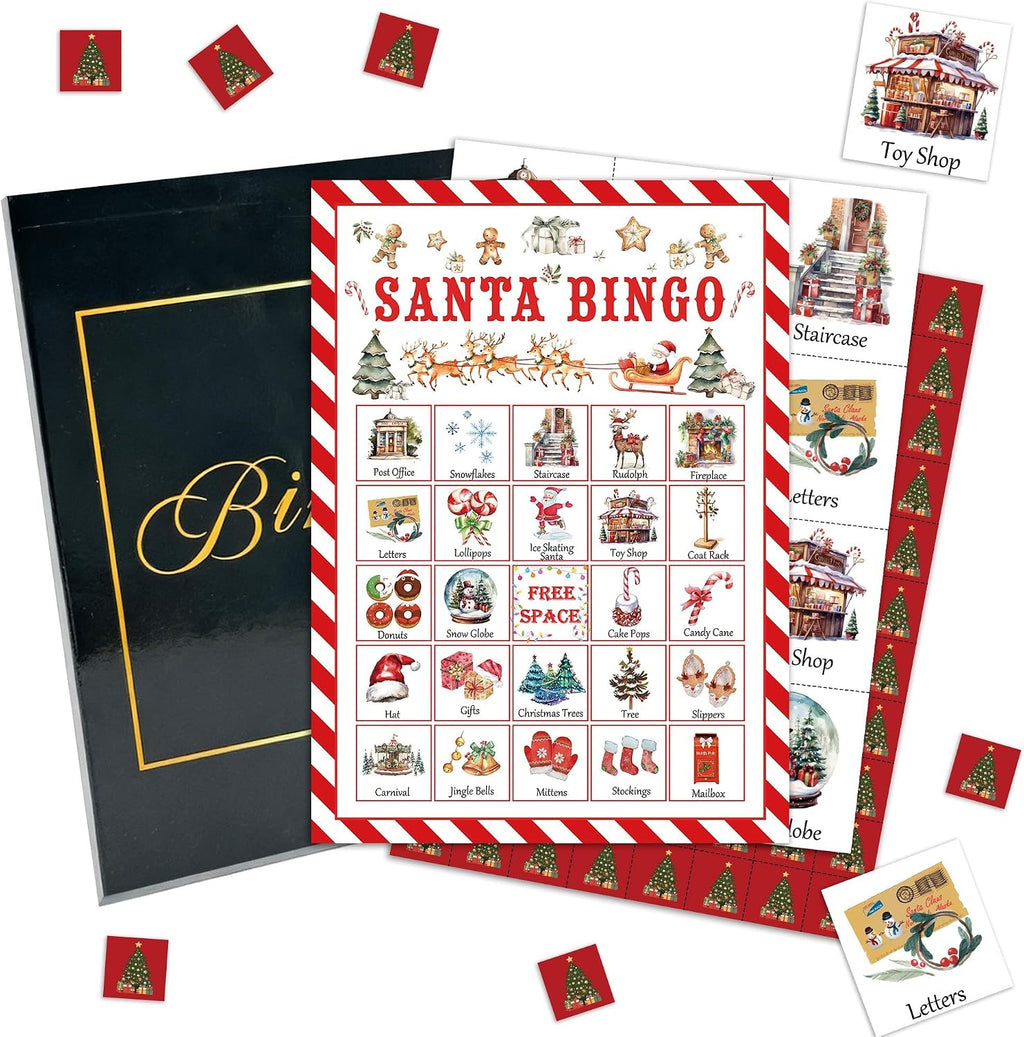Christmas Party Bingo Game Cards, Santa Bingo Set for Adults Large Group, Winter Holiday Fun Party Games, Xmas Activities Icebreaker Games, for Family Friends, 03
