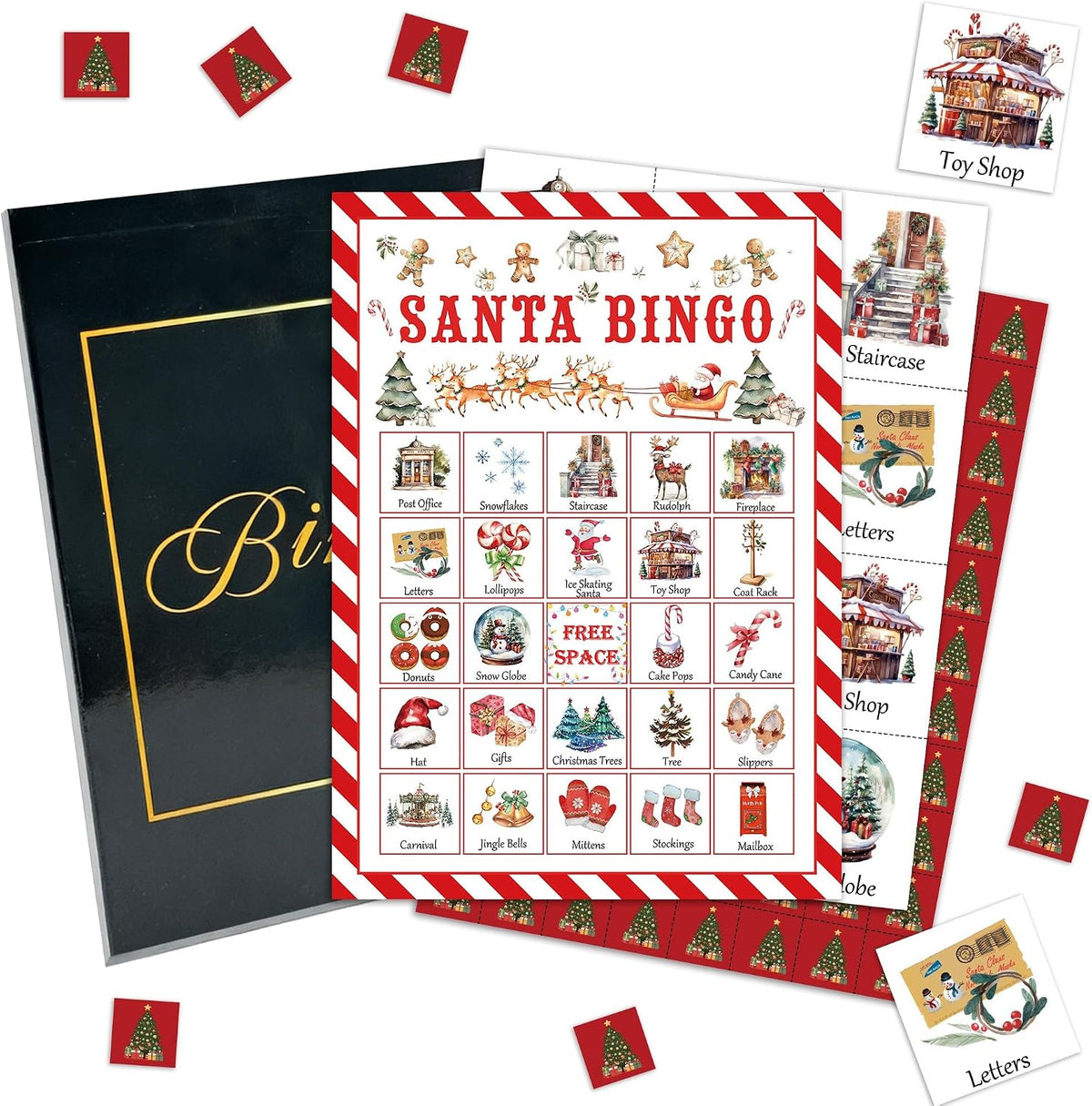 Christmas Party Bingo Game Cards, Santa Bingo Set for Adults Large Group, Winter Holiday Fun Party Games, Xmas Activities Icebreaker Games, for Family Friends, 03