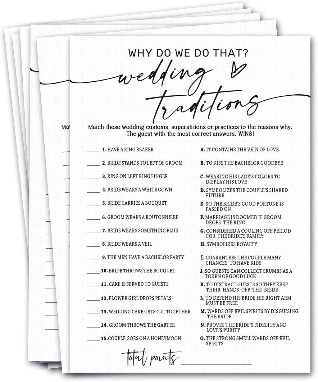 Bridal Shower Game Cards, Why Do We Do That Fun Icebreaker for Engagement Party Guests, 25 Cards with Answer Key, Minimalist White Wedding Shower Party Supplies - A08-3