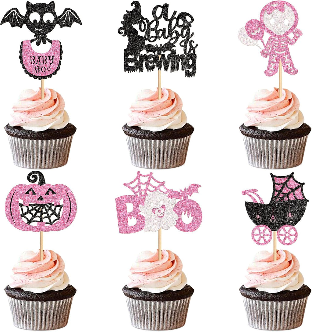 Ercadio 30Pcs Pink Halloween Baby Shower Cupcake Toppers A Baby Is Brewing Cupcake Picks for Boo Theme Gender Reveal Girls Halloween Birthday Cupcake Cake Decors Supplies