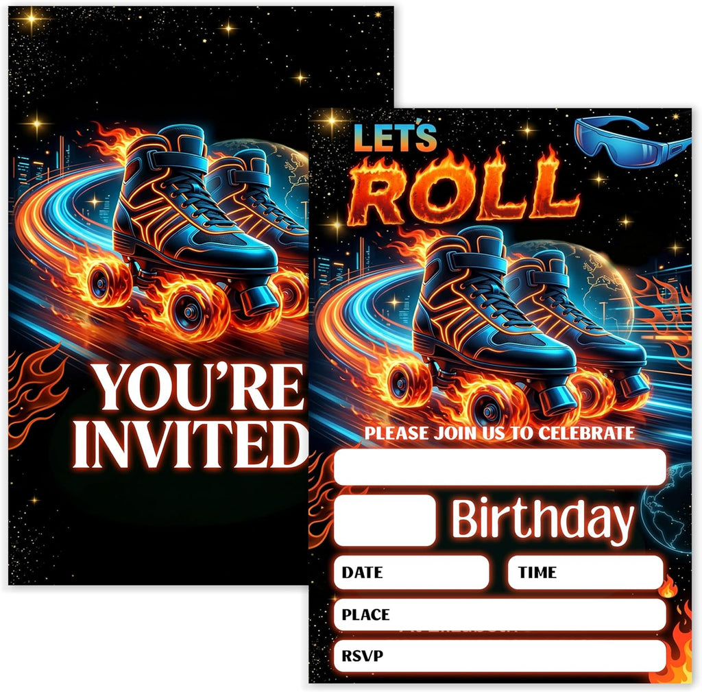 Roller Skating Birthday Invitation, Glow Gender Neutral Double-Sided Fill In Style Invites with Envelopes for Birthday, Glow Roller Skating Party Invitation For Boy,Girl, Bday Party Favor & Decoration