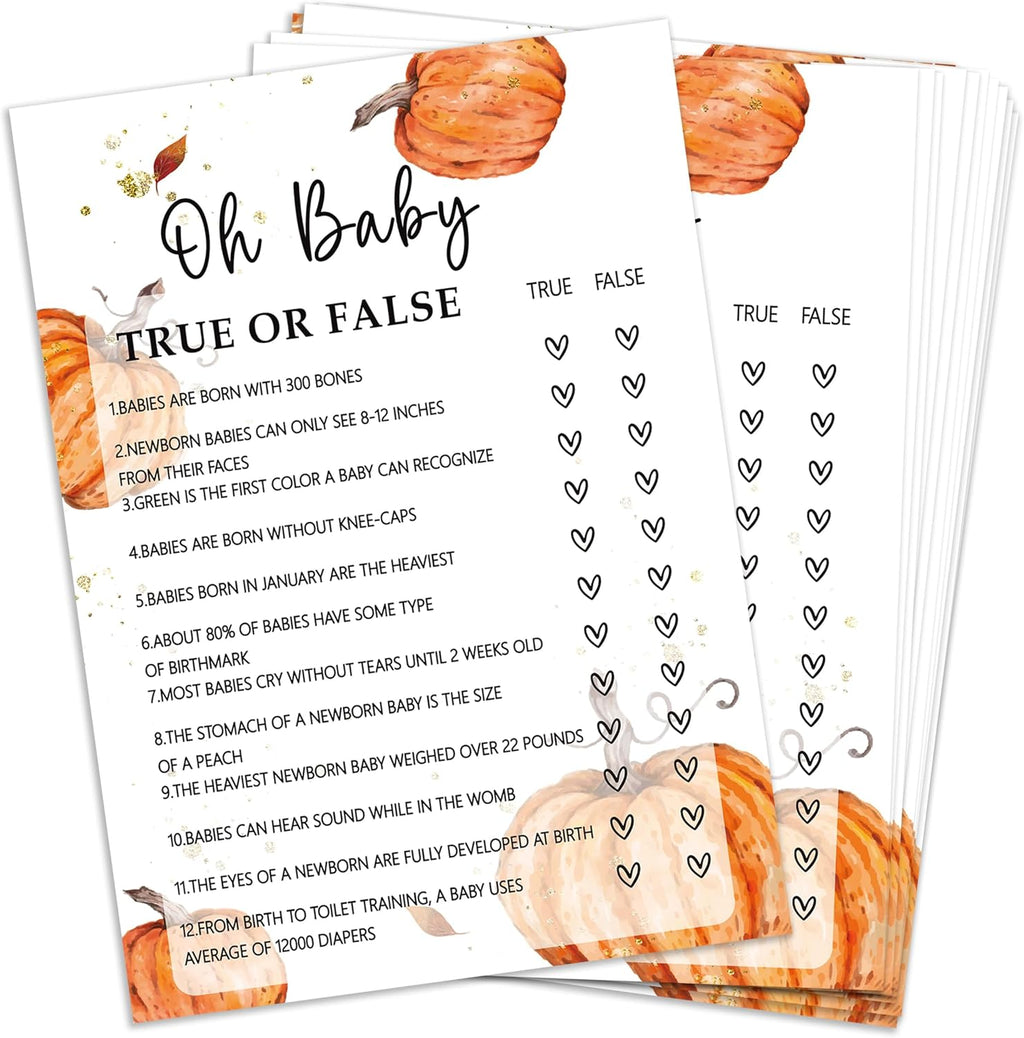 Fall Baby Shower Games, 25 Pcs Baby True or False Cards for Guests, Little Pumpkin Gender Reveal Decorations for Party Favors - A05