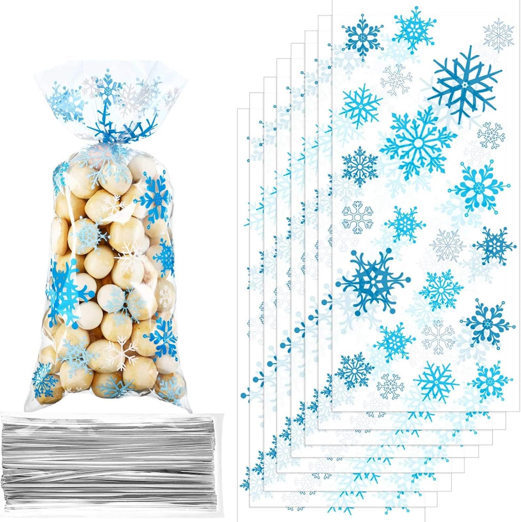 Blulu 200 Pcs Winter Snowflake Cellophane Treat Bags Christmas Goodie Bags
