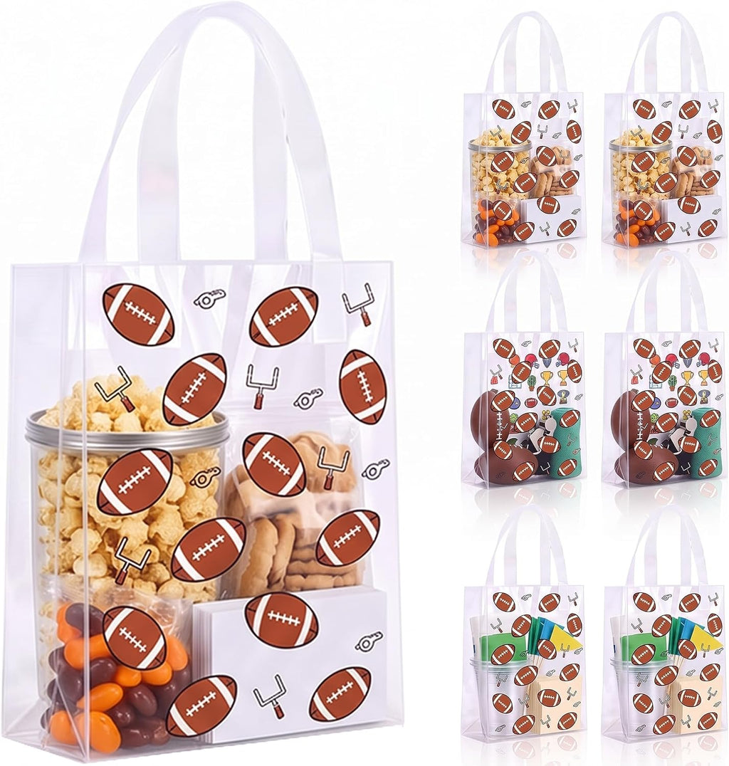 Pajean 24 Pcs Football Plastic Gift Bags with Handles, 5.9 x 8.7 x 3.1 Inch Rugby PE Treat Bags, Brown Football Theme Goodie Pouches for Classroom Exchange, Sport Game Day Party Supplies Decoration