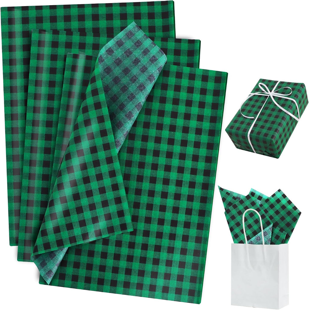 BEISHIDA Christmas Gingham Tissue Paper Bulk, Black and Green Buffalo Plaid Wrapping Tissue Paper for Gift Bags, 14 x 20 Inch Gift Wrap for Christmas Party DIY Crafts Decor Holiday Flowers-50pcs