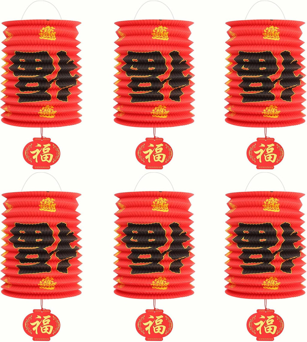 2026 Chinese New Year Decorations Set,6Pcs Red Paper Fu Lanterns for Ceiling, Year of The Horse Lunar Spring Festival Party Supplies for Home, Restaurant, Store,6.3 x 9.8 Inch