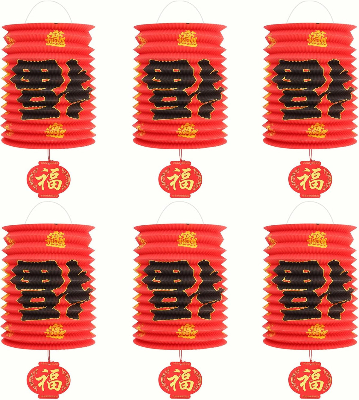 2026 Chinese New Year Decorations Set,6Pcs Red Paper Fu Lanterns for Ceiling, Year of The Horse Lunar Spring Festival Party Supplies for Home, Restaurant, Store,6.3 x 9.8 Inch