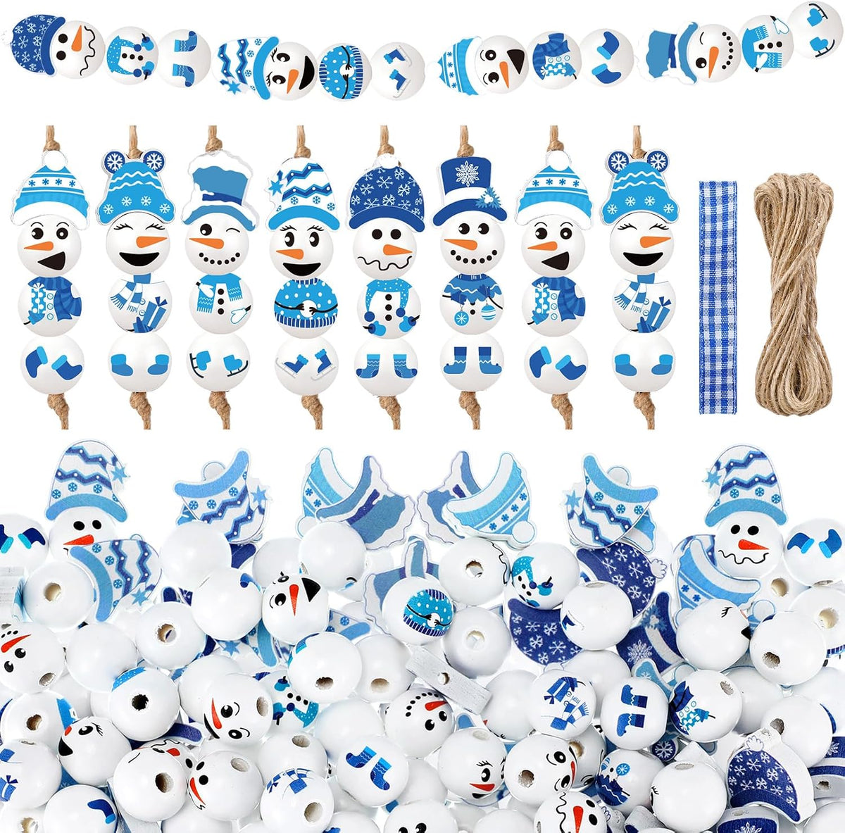 Cinnvoice 240 Pcs Holiday Wood Beads with Twine,Snowman