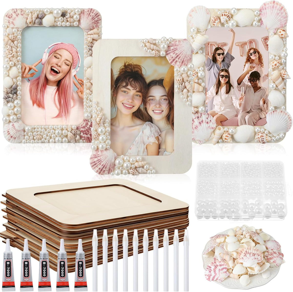 Yousoontic 10 Sets 4" X 6" Wood DIY Photo Frame Kit with Shells Pearls Glue