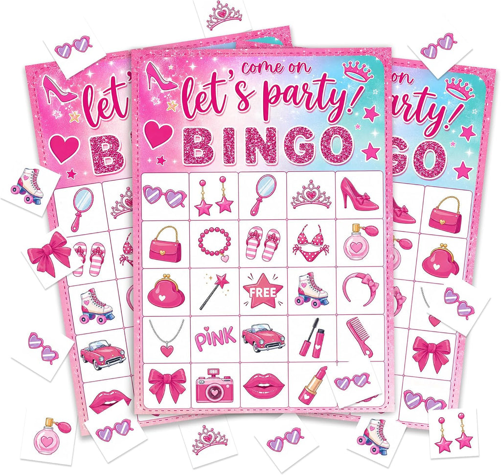 Pink Glitter Bingo Cards, 24 Player Party Game for Teens and Adults