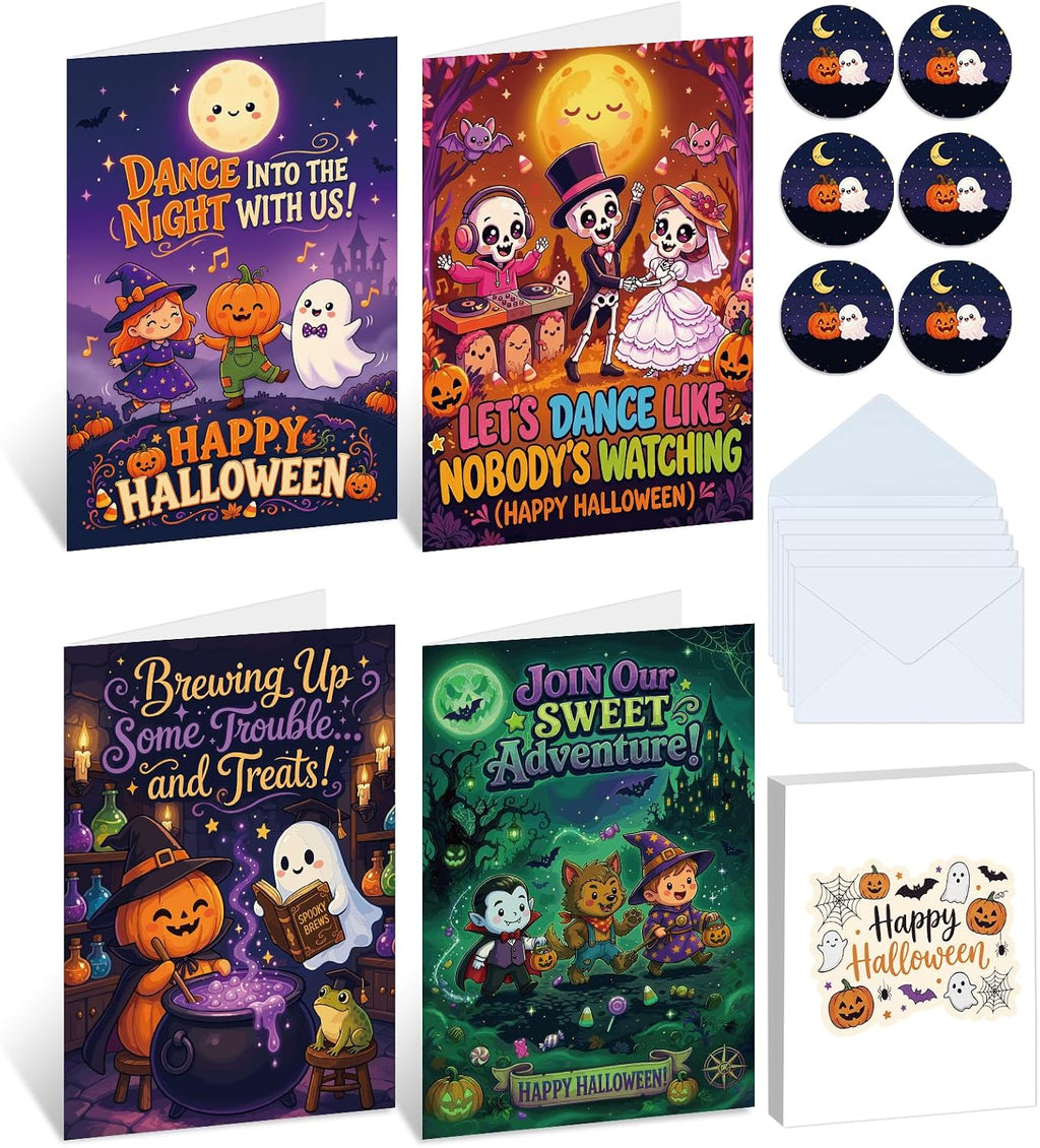 FLYAB 24 Pack Boxed Halloween Cards for Kids with Envelopes & Stickers