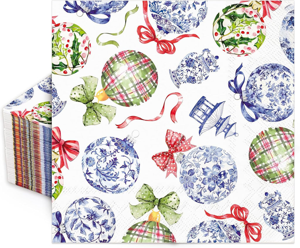 FYSUIMU Christmas Balls Paper Napkins Luncheon Napkin Chinoiserie Xmas Ball Disposable Dessert Dinner Hand Napkin for Holiday Party Decorations Supplies, 50 Pcs
