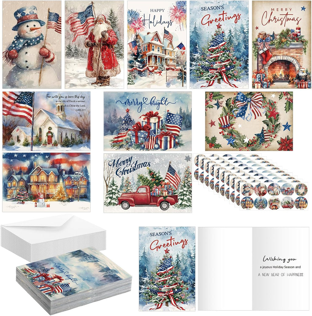 Motiskyy 50 Pcs Patriotic Christmas Cards American Flag Christmas Card Bulk