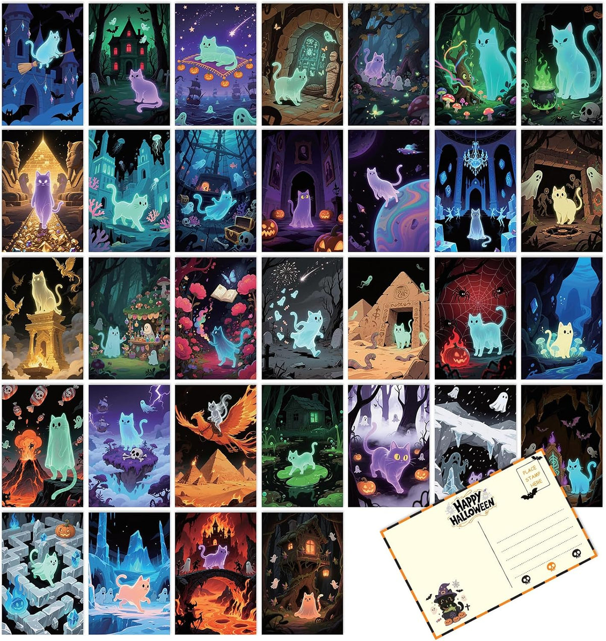 32pcs Cute Halloween Postcards Ghost Cat Decor, Blank for Messages