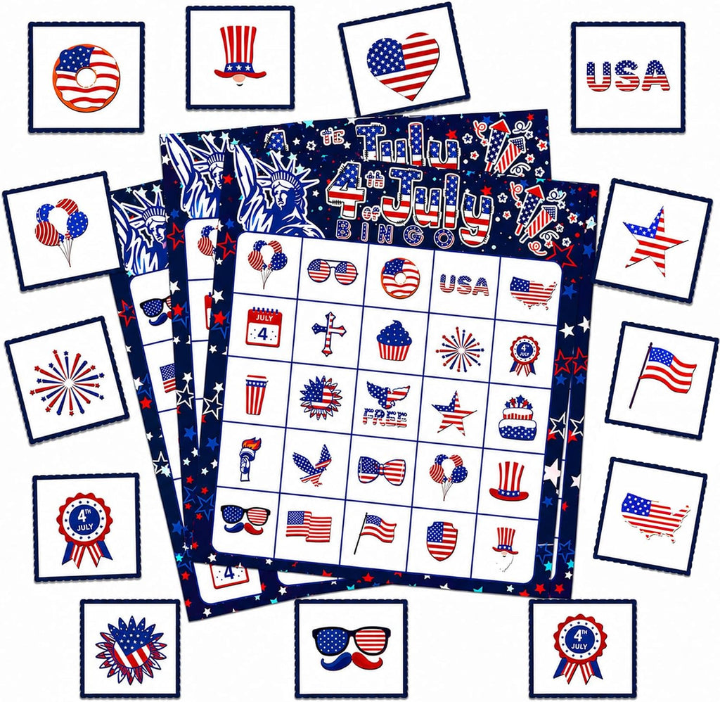 4th of July Bingo Game Cards, 24 Players Patriotic Bingo Cards, Fourth of July Bingos Game for Adults Outdoor Family Friends Student Large Group Activities Independence Day Party Favors Supplies