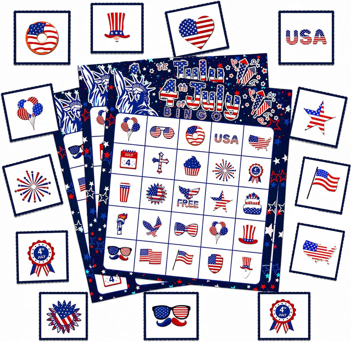 4th of July Bingo Game Cards, 24 Players Patriotic Bingo Cards, Fourth of July Bingos Game for Adults Outdoor Family Friends Student Large Group Activities Independence Day Party Favors Supplies