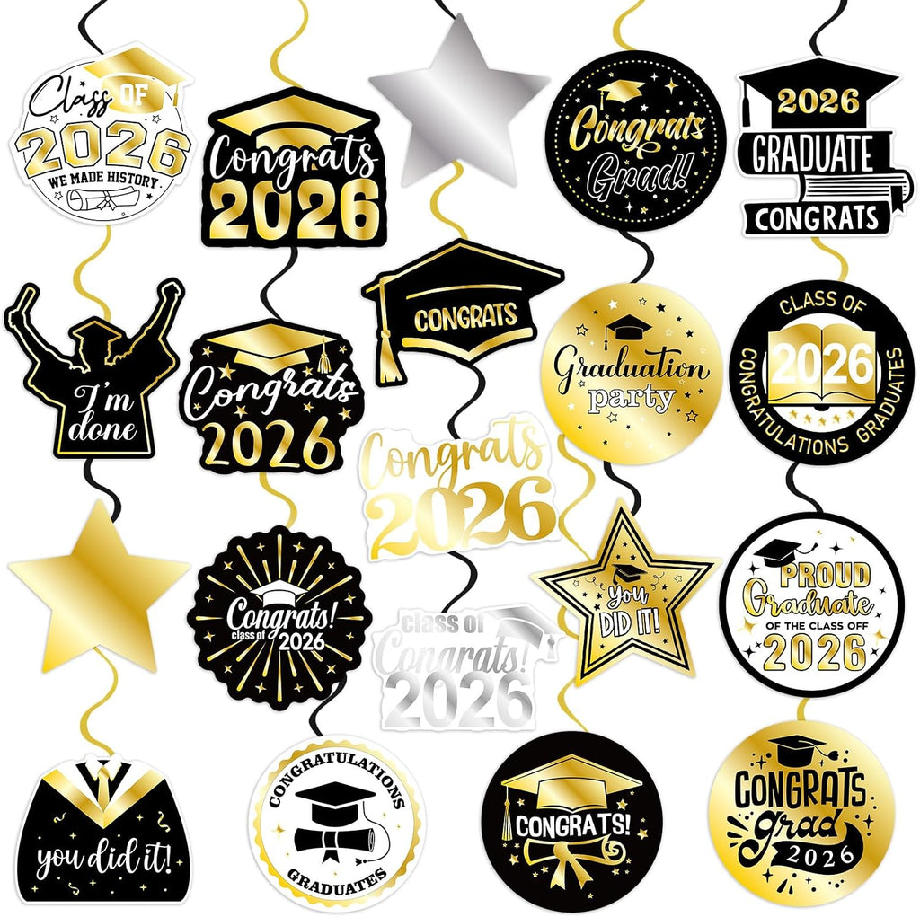40Pcs Graduation Party Hanging Swirl Decorations, Black Glod Class of 2026 Congrats Grad Hanging Swirls Ceiling Decorations for 2026 Graduation Party Decor Supplies