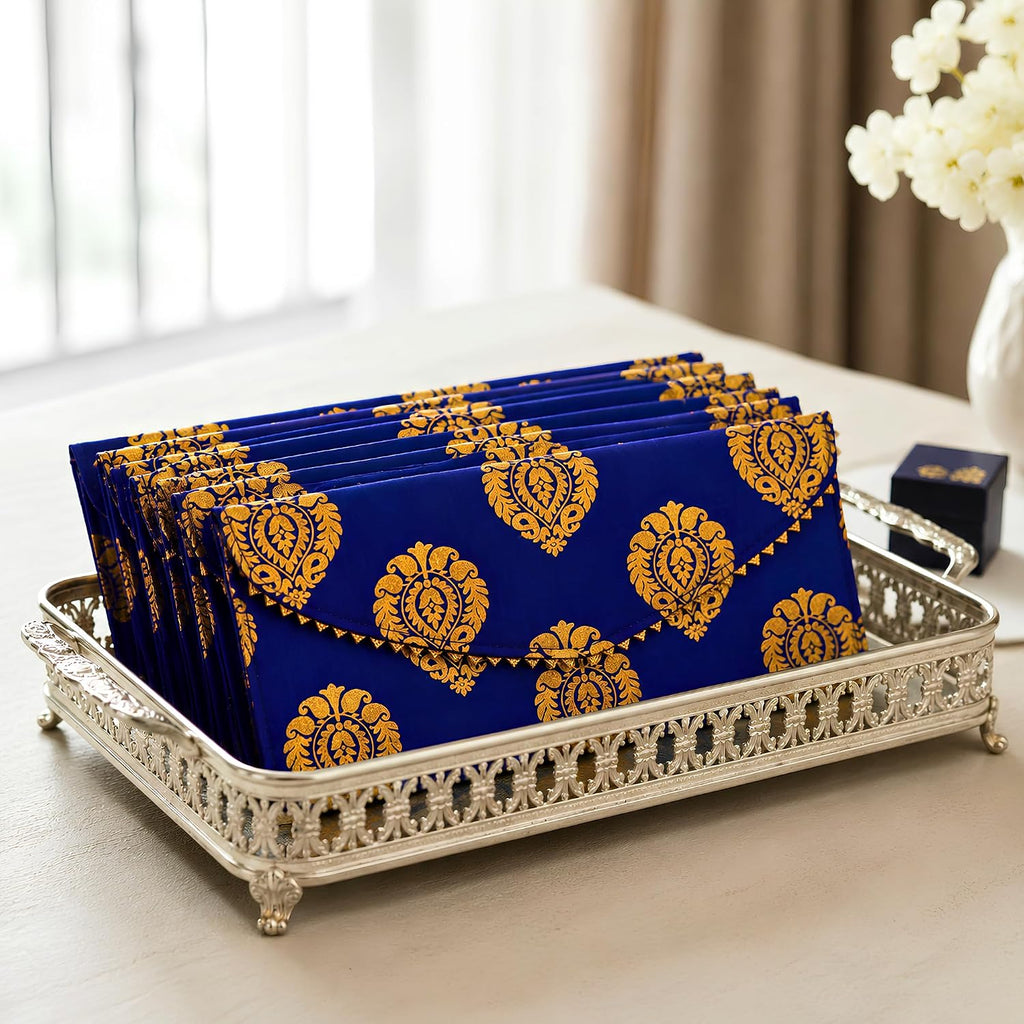 LoveNspire Brocade Fabric Money Envelopes (8 x 4 Inch) Decorative Floral Pattern Shagun Lifafa for Indian Wedding, Birthday | Cash Gift Holder & Home Savings Organizer Blue/Pack of 20