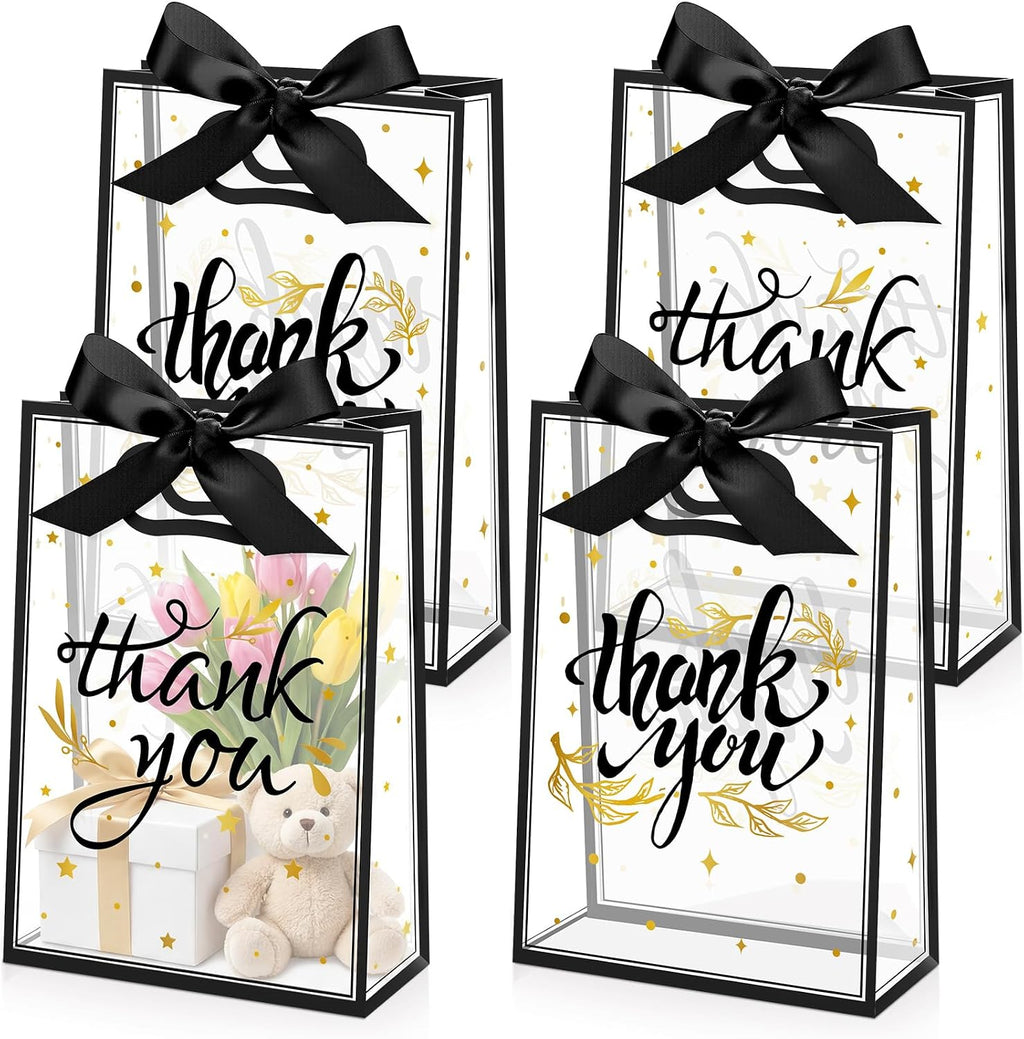 Capoda 24 Pcs Clear Thank You Gift Bags with Handles, Black and Gold