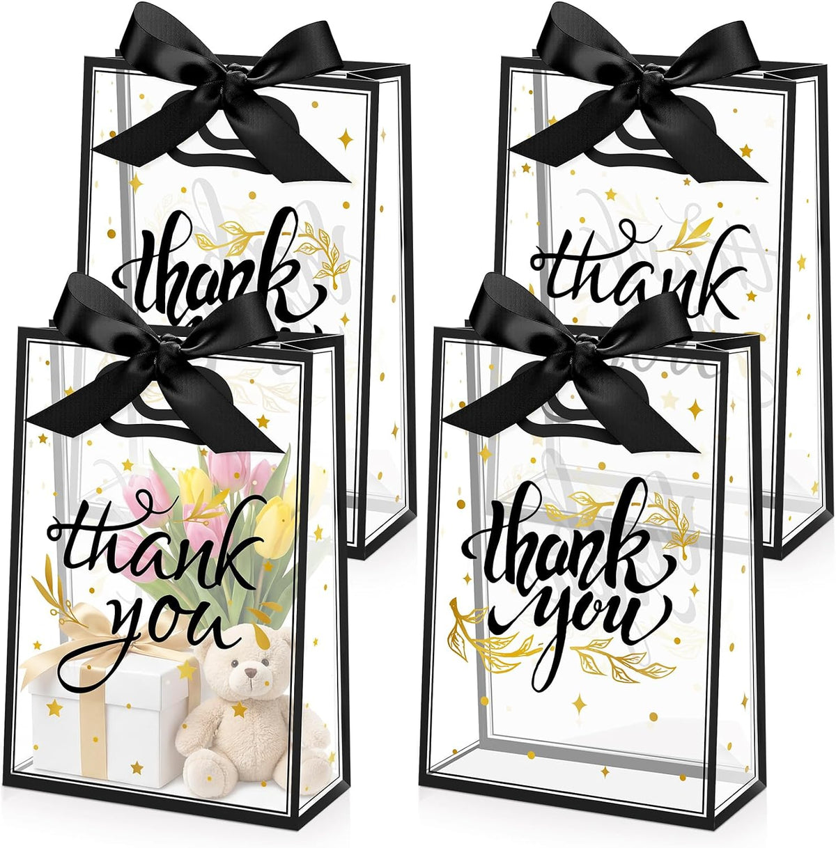 Capoda 24 Pcs Clear Thank You Gift Bags with Handles, Black and Gold