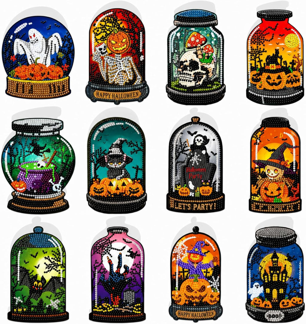 Saillong 12 Pack Halloween Diamond Painting Greeting Card Kits DIY Halloween Diamond Art Cards with Envelopes Bat Black Cat Pumpkin 5D Rhinestones Painting Kit for Adults DIY Craft Family Friend Gifts