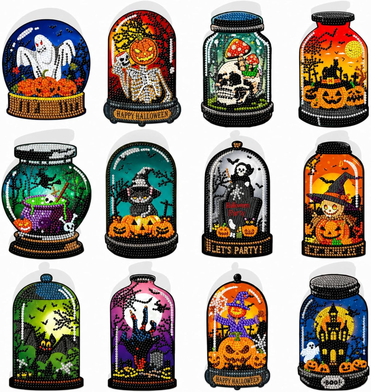 Saillong 12 Pack Halloween Diamond Painting Greeting Card Kits DIY Halloween Diamond Art Cards with Envelopes Bat Black Cat Pumpkin 5D Rhinestones Painting Kit for Adults DIY Craft Family Friend Gifts
