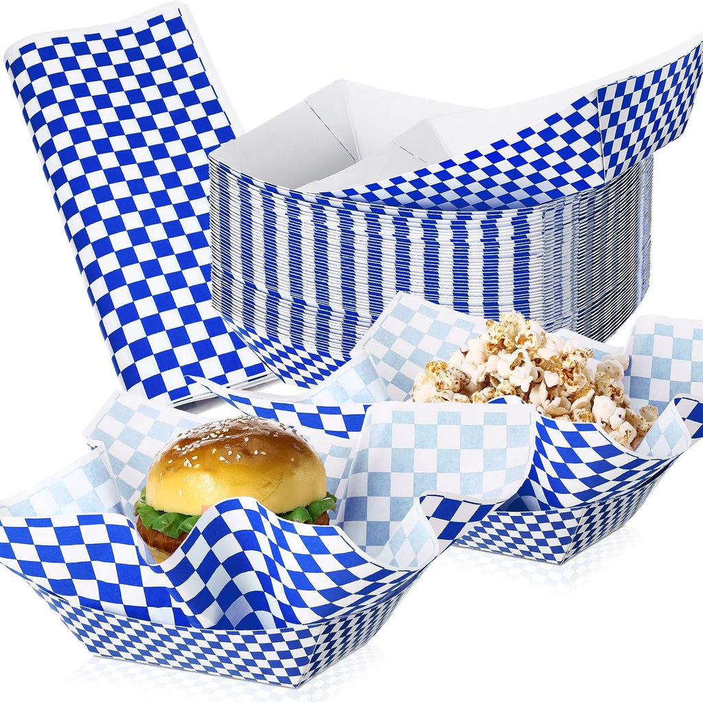 Geosar 100 Pcs Gingham Paper Food Tray with Wax Paper,Blue White