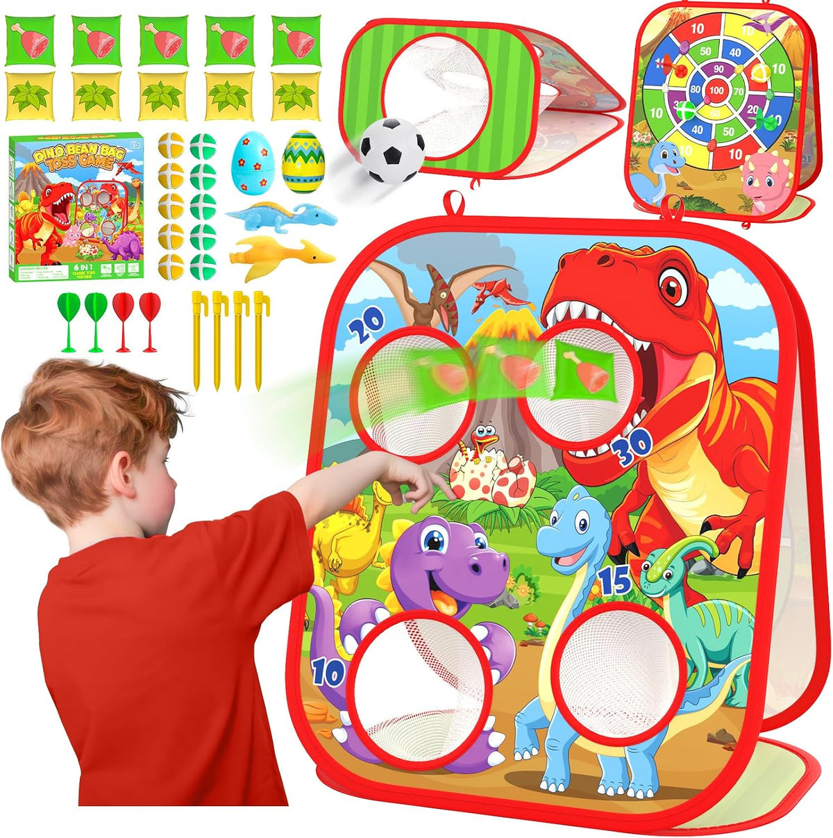 Dino Bean Bag Toss Game Toy for Kids, 6-1 Cornhole Board Outdoor Toys for Toddlers, Easter Gifts for Kids, Backyard Beach Lawn Party Toss Game Toy for 3 4 5 6 7 8 Year Old Boys Girls Birthday Gifts