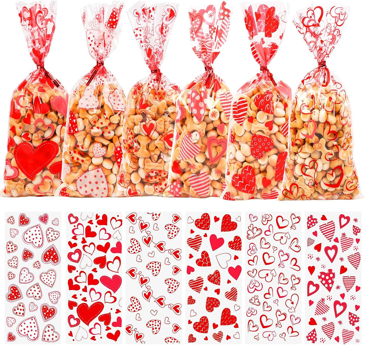 FOIMAS 180pcs Valentine's Day Cellophane Treat Bags,Heart Candy Goodie Bags Cookie Bag with Twisted Ties for Valentines Day Party Supply