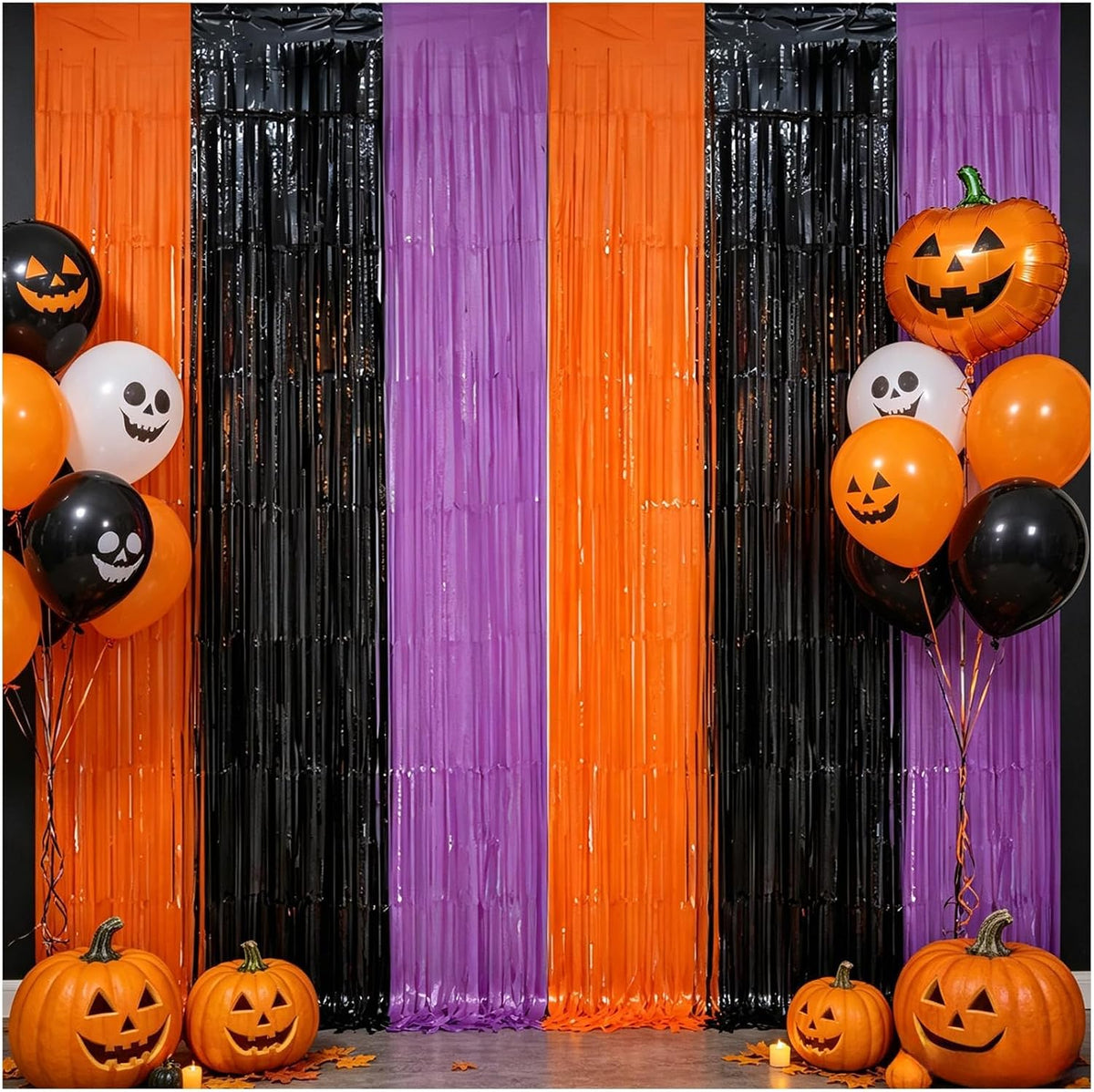 2 Pack Halloween Backdrop Orange Black Purple Foil Fringe Curtains.