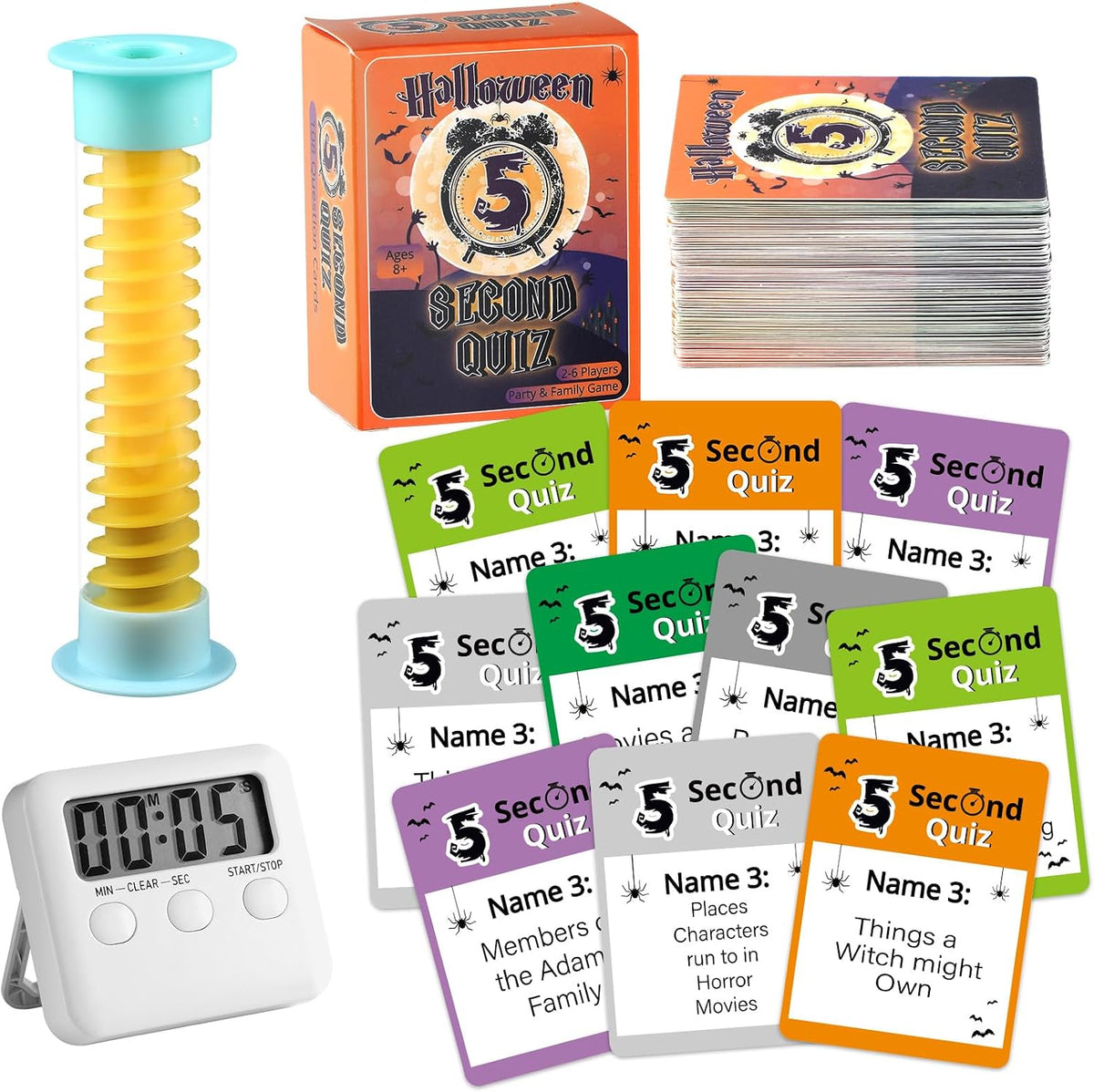 Halloween 5 Second Game 108 Boo Simple Question Cards Digital Timer and 5 Second Hourglass Halloween Question Card Games for Adults Family Party Fun Travel Game Night Think Fast and Shout Out Answers