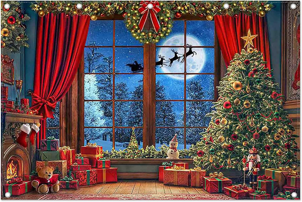 Fabric 12x8ft Christmas Window Photography Backdrop Winter Banner