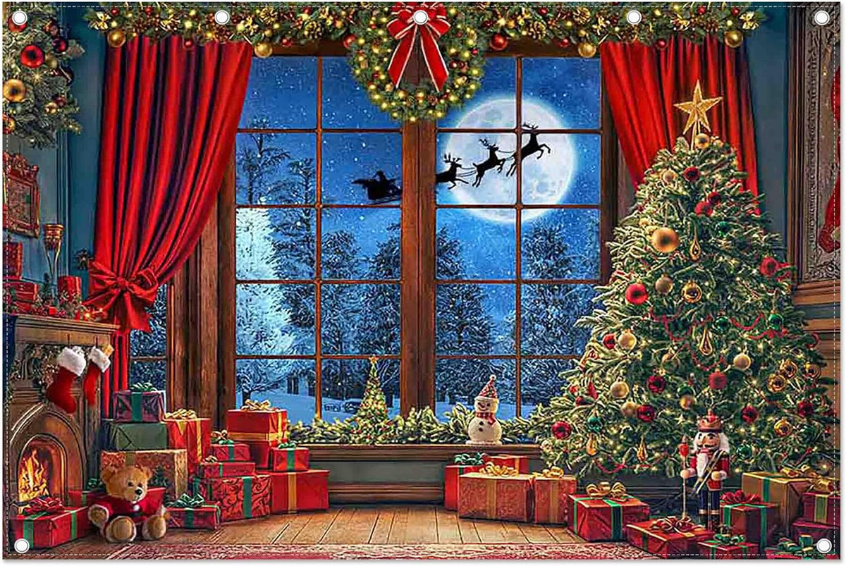 Fabric 12x8ft Christmas Window Photography Backdrop Winter Banner