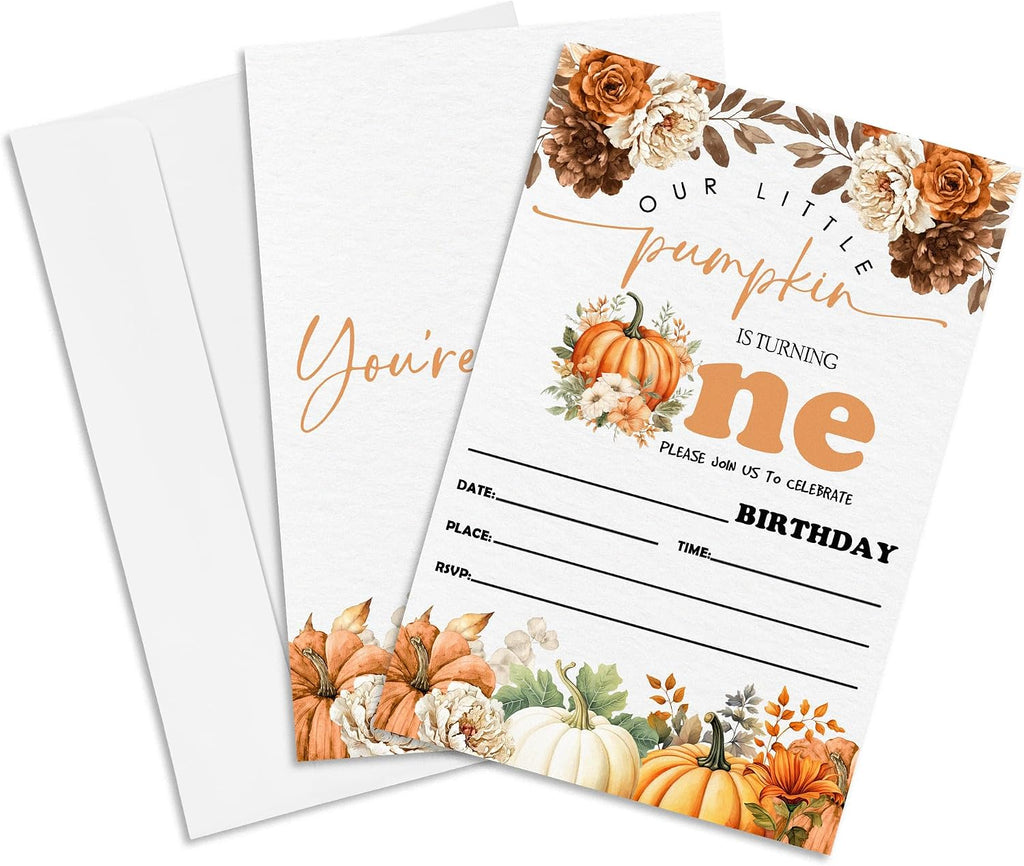 1st Birthday Party Invitation - Set Of 20 Fall Leaves & Pumpkin Pumpkin Invite Cards With Envelopes - Autumn Birthday Invitation Cards For Boys Girls - Thanksgiving Birthday Party Supplies Decor-A09