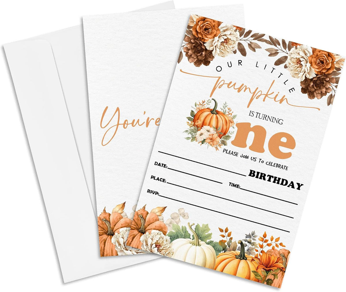 1st Birthday Party Invitation - Set Of 20 Fall Leaves & Pumpkin Pumpkin Invite Cards With Envelopes - Autumn Birthday Invitation Cards For Boys Girls - Thanksgiving Birthday Party Supplies Decor-A09