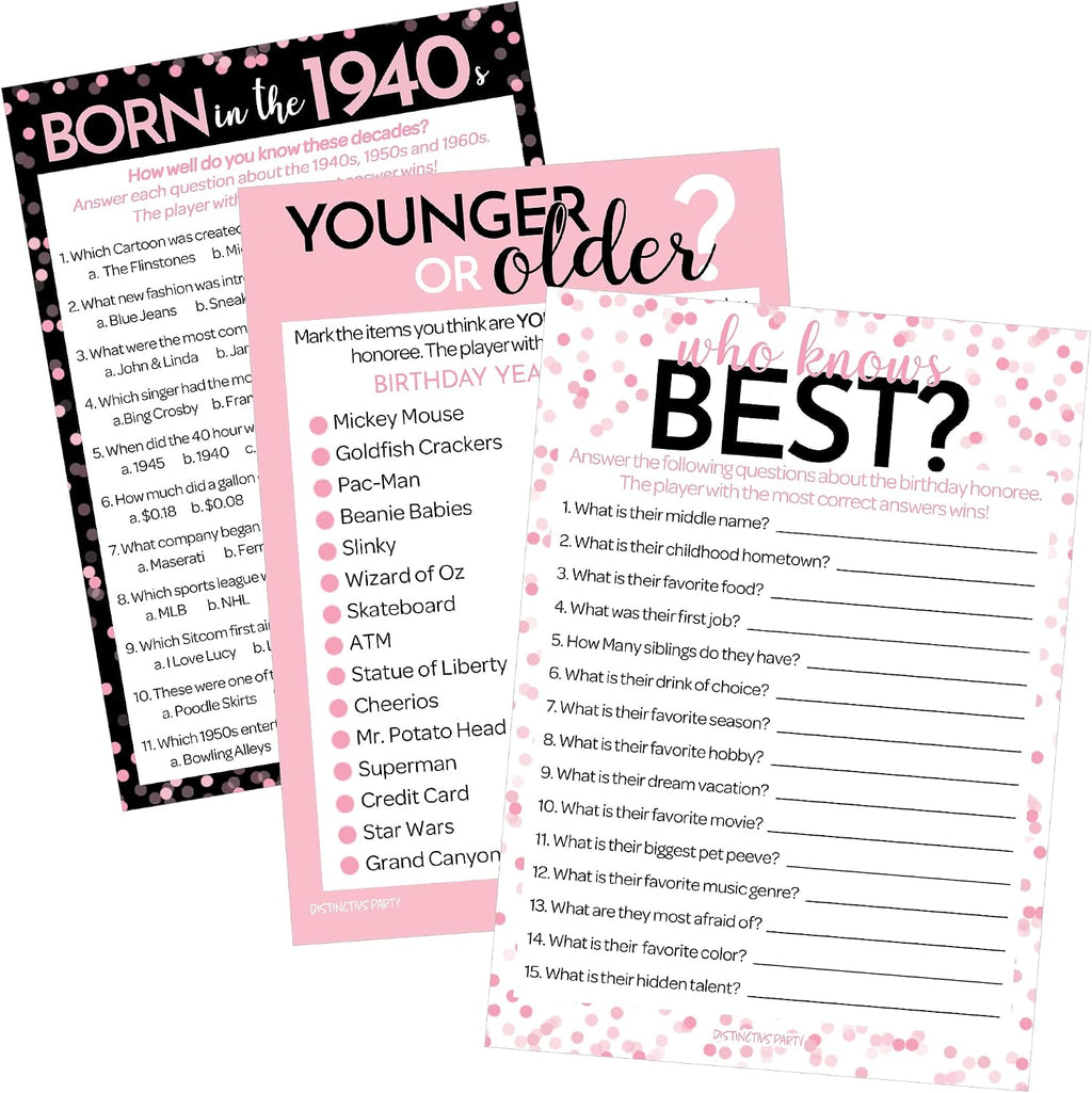 Pink and Black 80th Birthday Games Set, Born in the 1940s, 20 Guests
